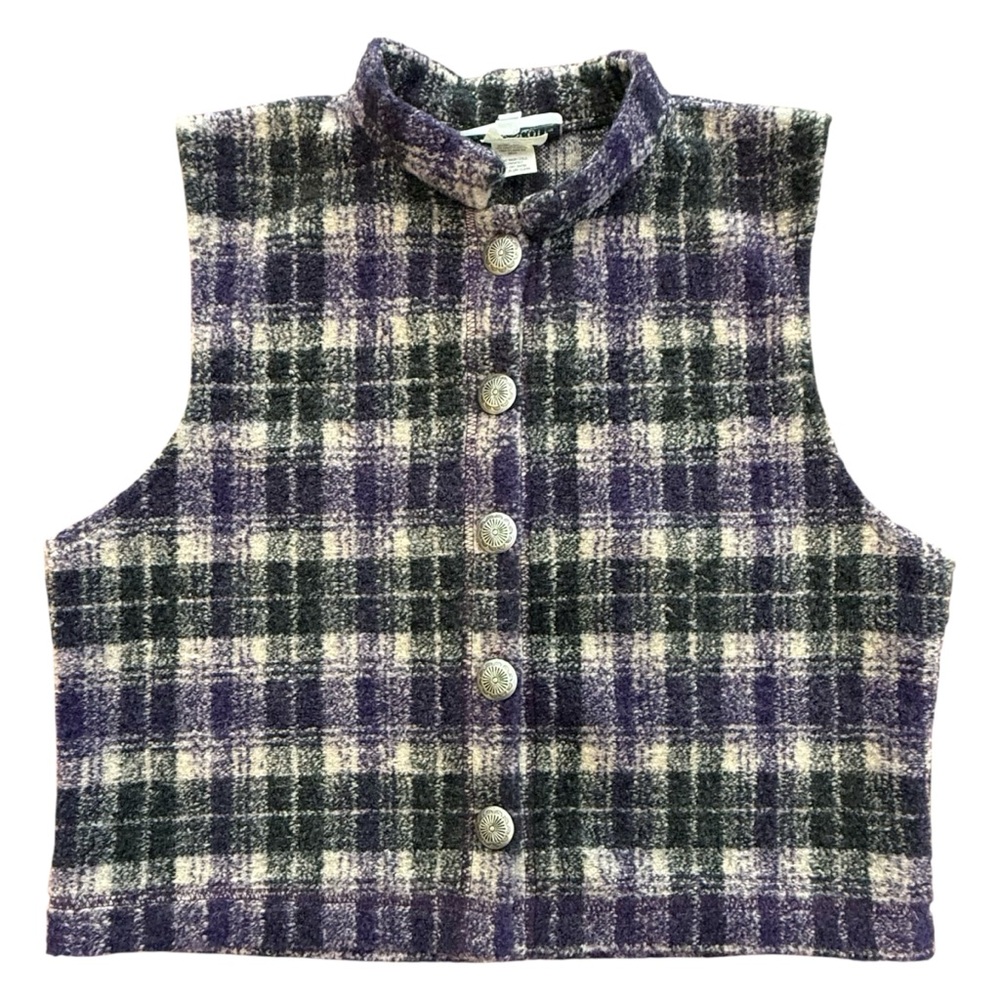 Vintage Lindsey Scott Western Plaid Fleece Vest Concho Buttons Size 10